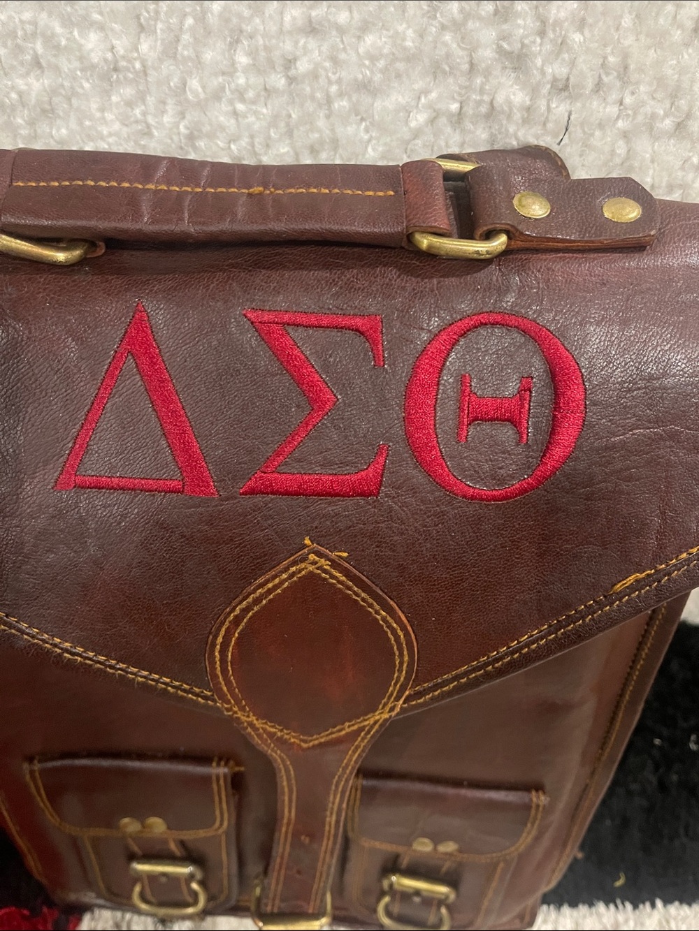 Women’s Brown Leather Backpack with Red Delta Sigma Theta Embroidery